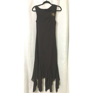 SL FASHIONS Size 10 Maxi Dress Brown Knit Sleeveless w/Brooch Holiday CLT2